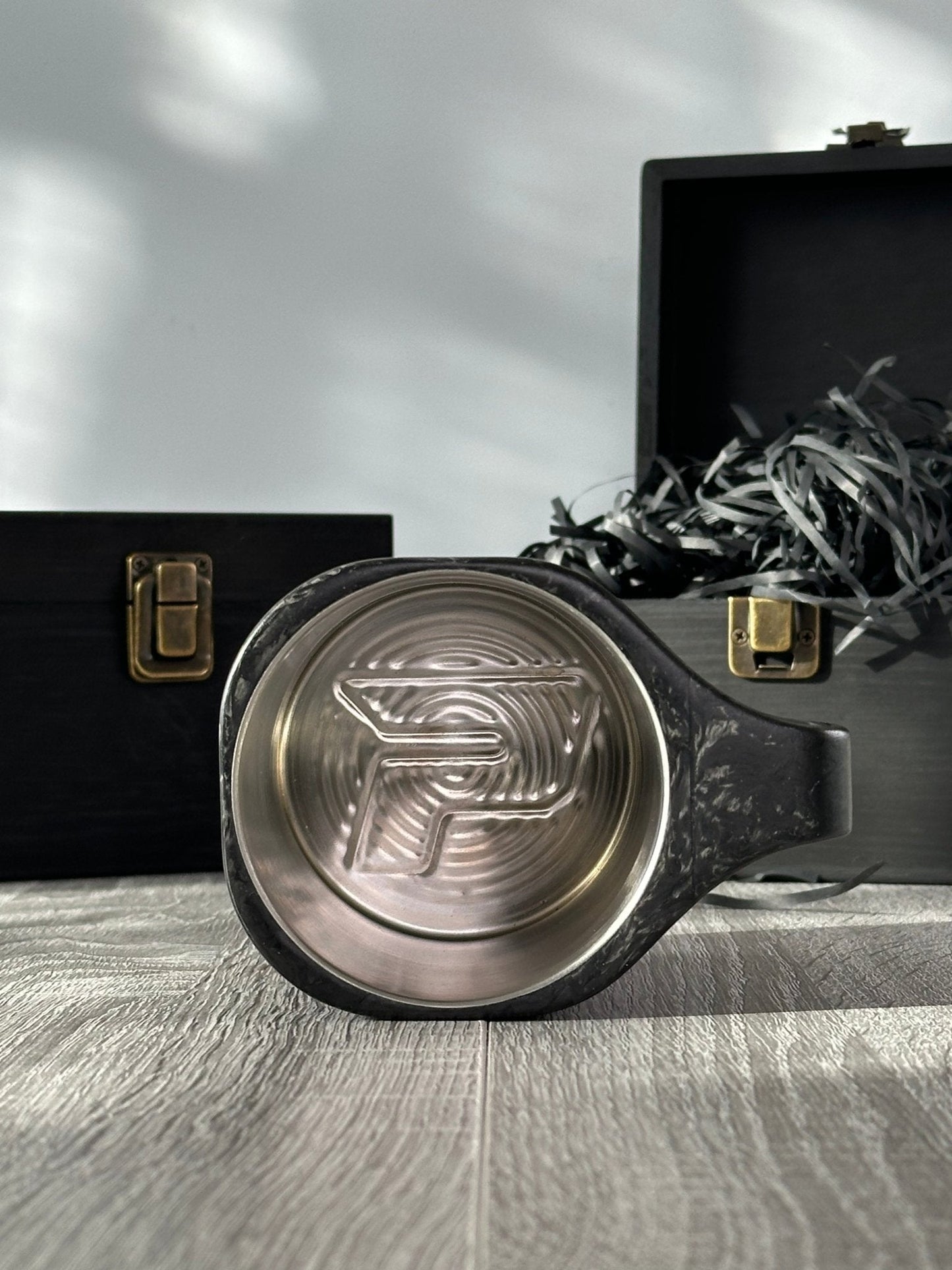 Inside view of virgin carbon fibre mug – Quotidiano Edition 2 – with stainless steel liner and embossed P logo